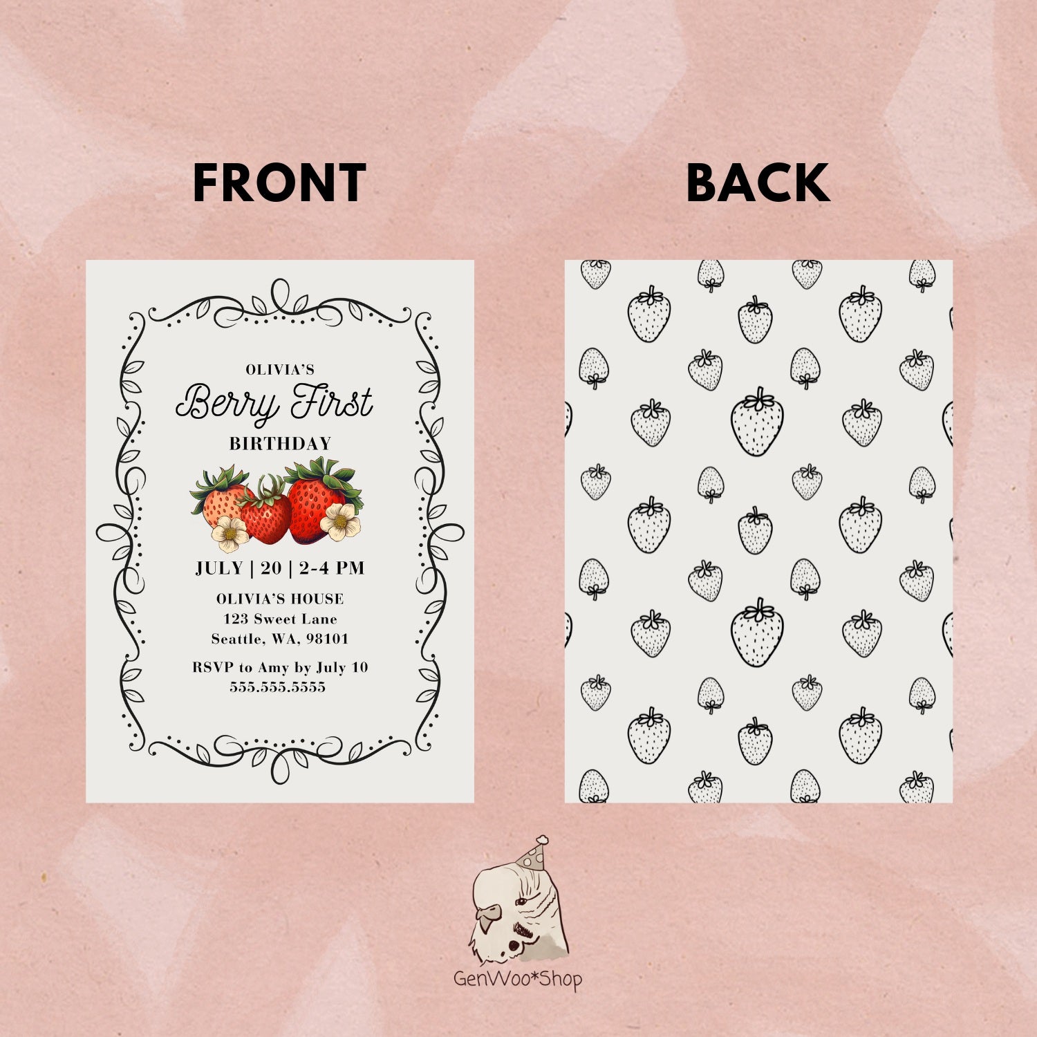Editable Vintage Strawberry Birthday Party Invitation - Baby Girl Berry First Birthday