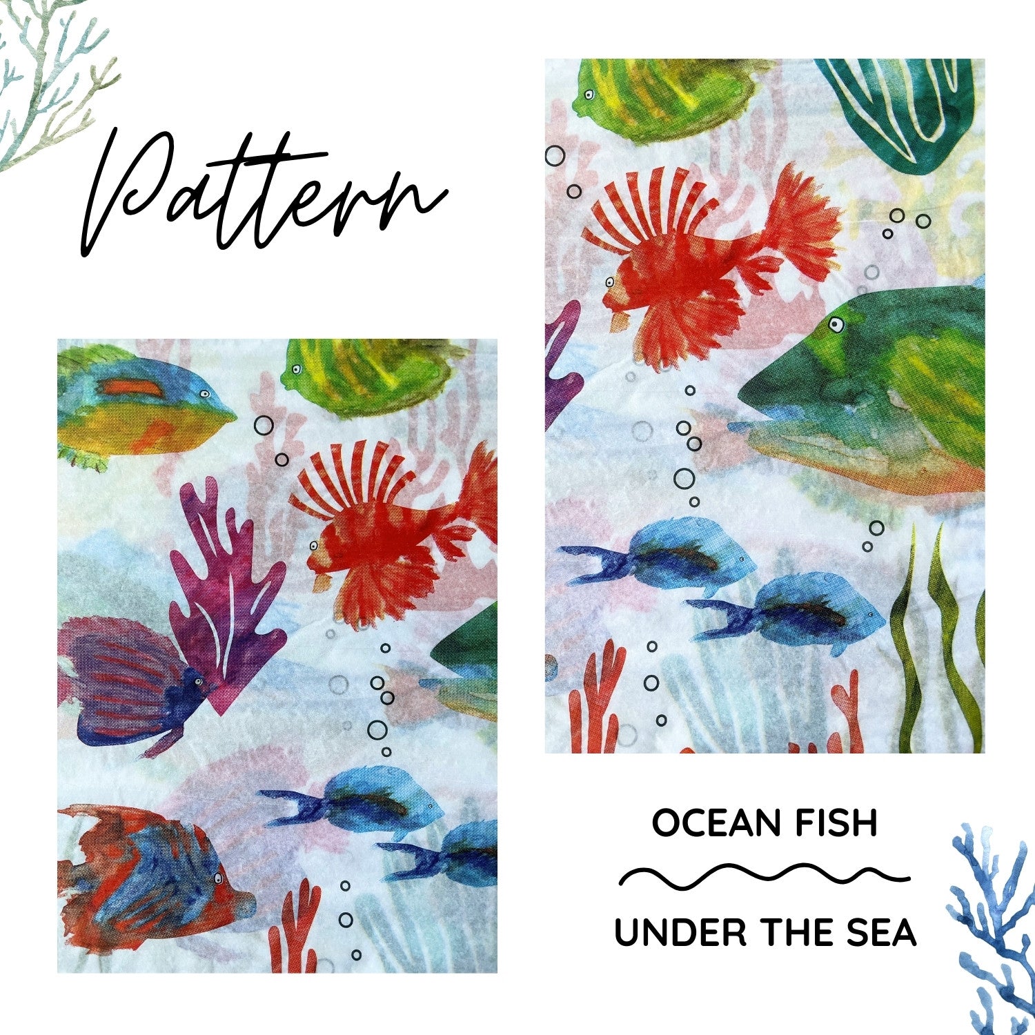 Watercolor Ocean Fish Tissue Paper - Animal Pattern Tissue Paper, Under the Sea, Ocean Animal Christmas Wrap Paper, Craft Supplies