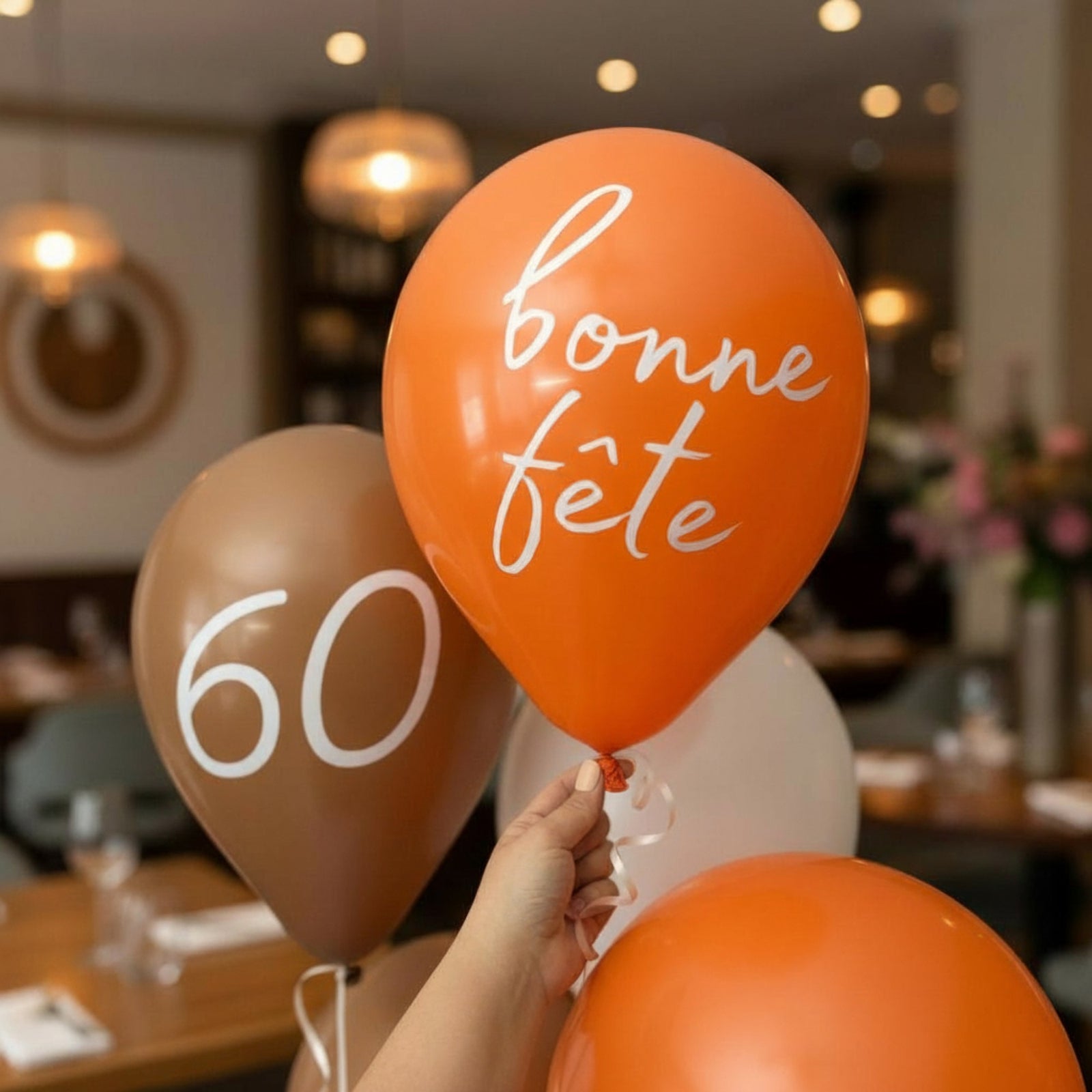 60th Birthday Balloon Bouquet in brown and orange with French bonne fête Decals 
