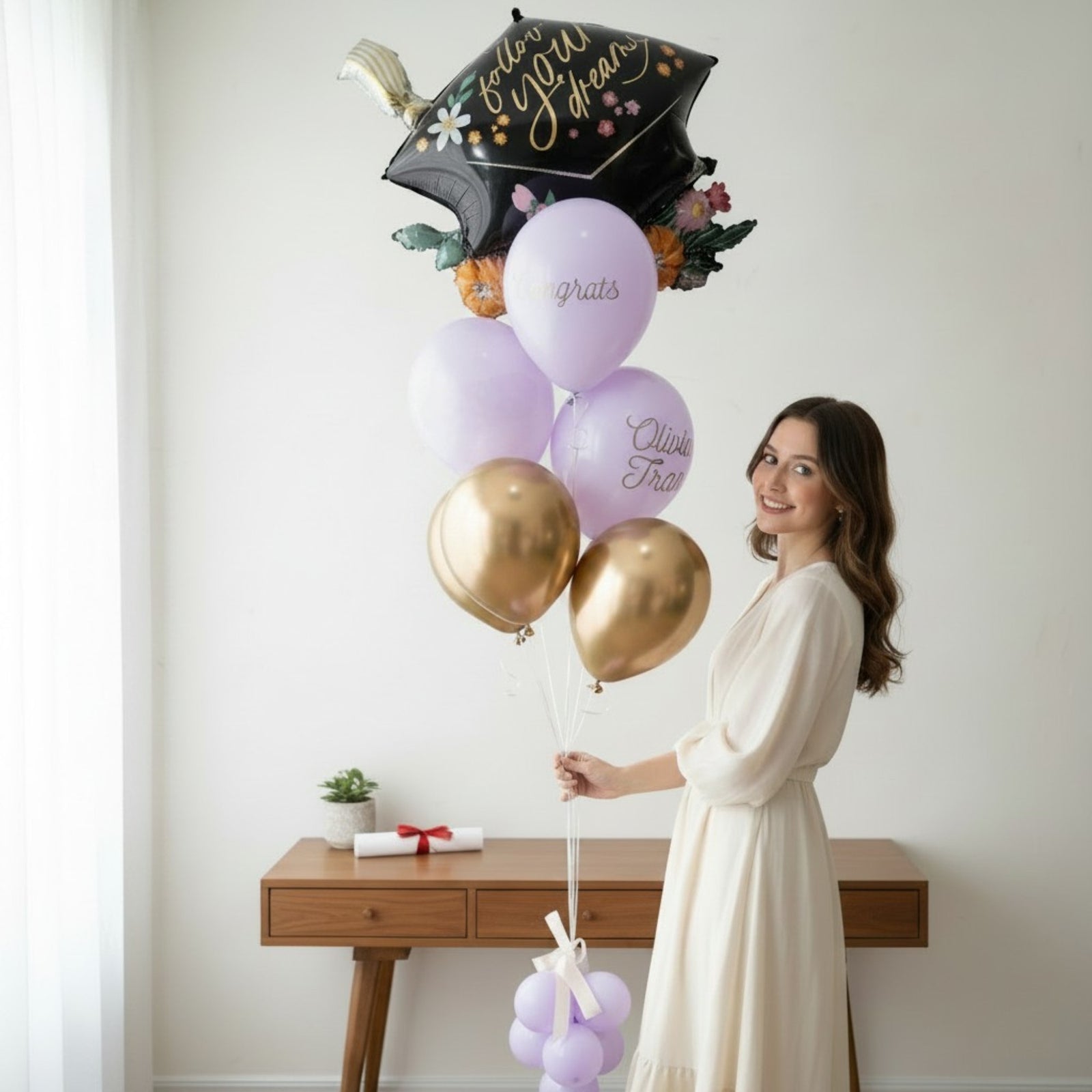 Purple and Gold Latex Balloons and a Jumbo Graduation Cap Mylar Balloon