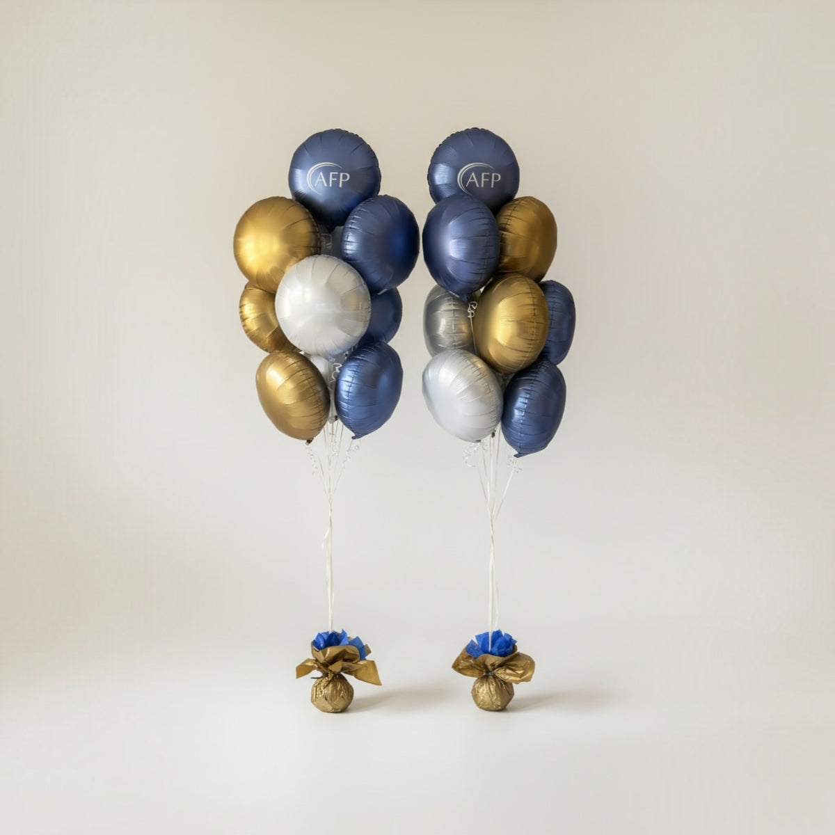 Foil Rond Balloon Bouquets in Gold, Blue and White