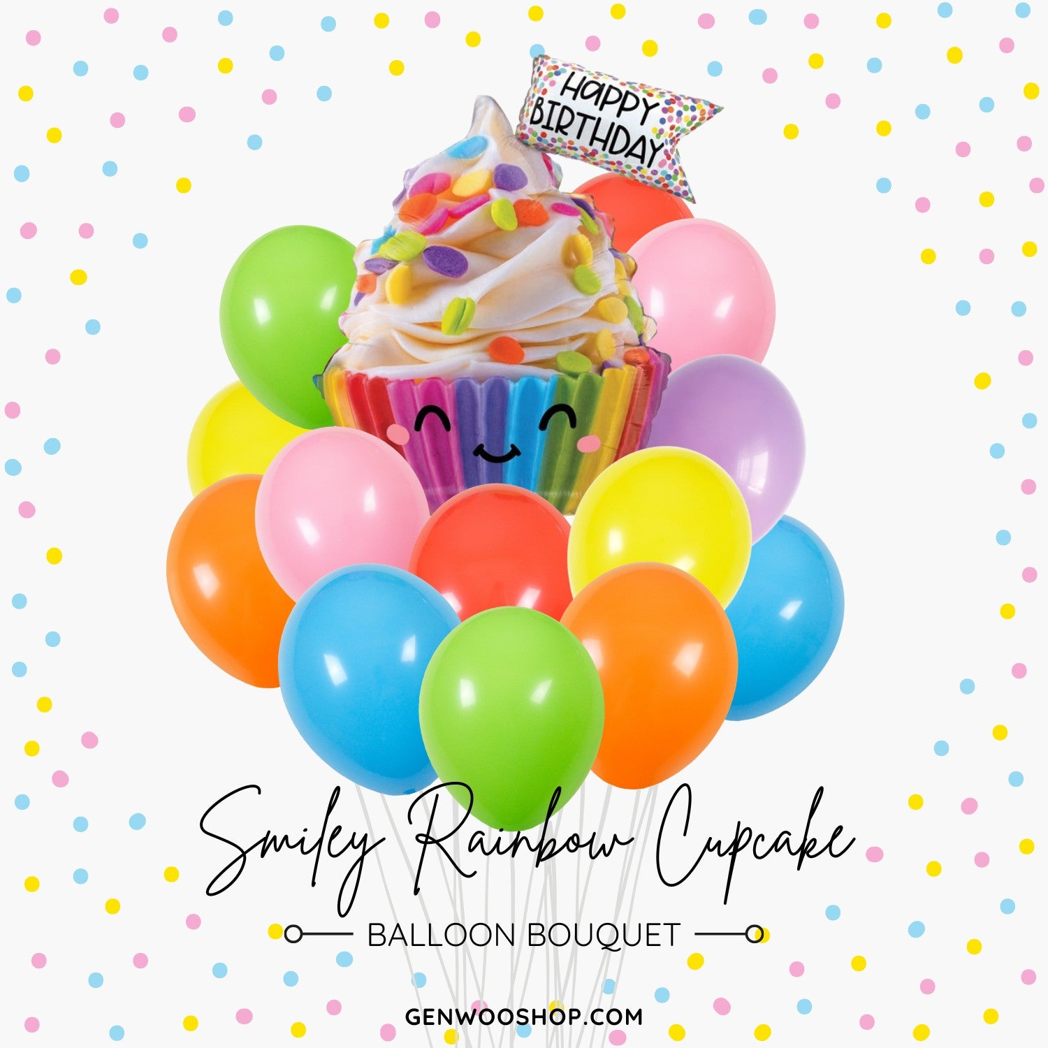 Smiley Rainbow Cupcake Balloon Bouquet