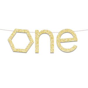 Gold Glitter Hexagon ONE Script Letter Banner - Bees Theme First Birthday High Chair Banner