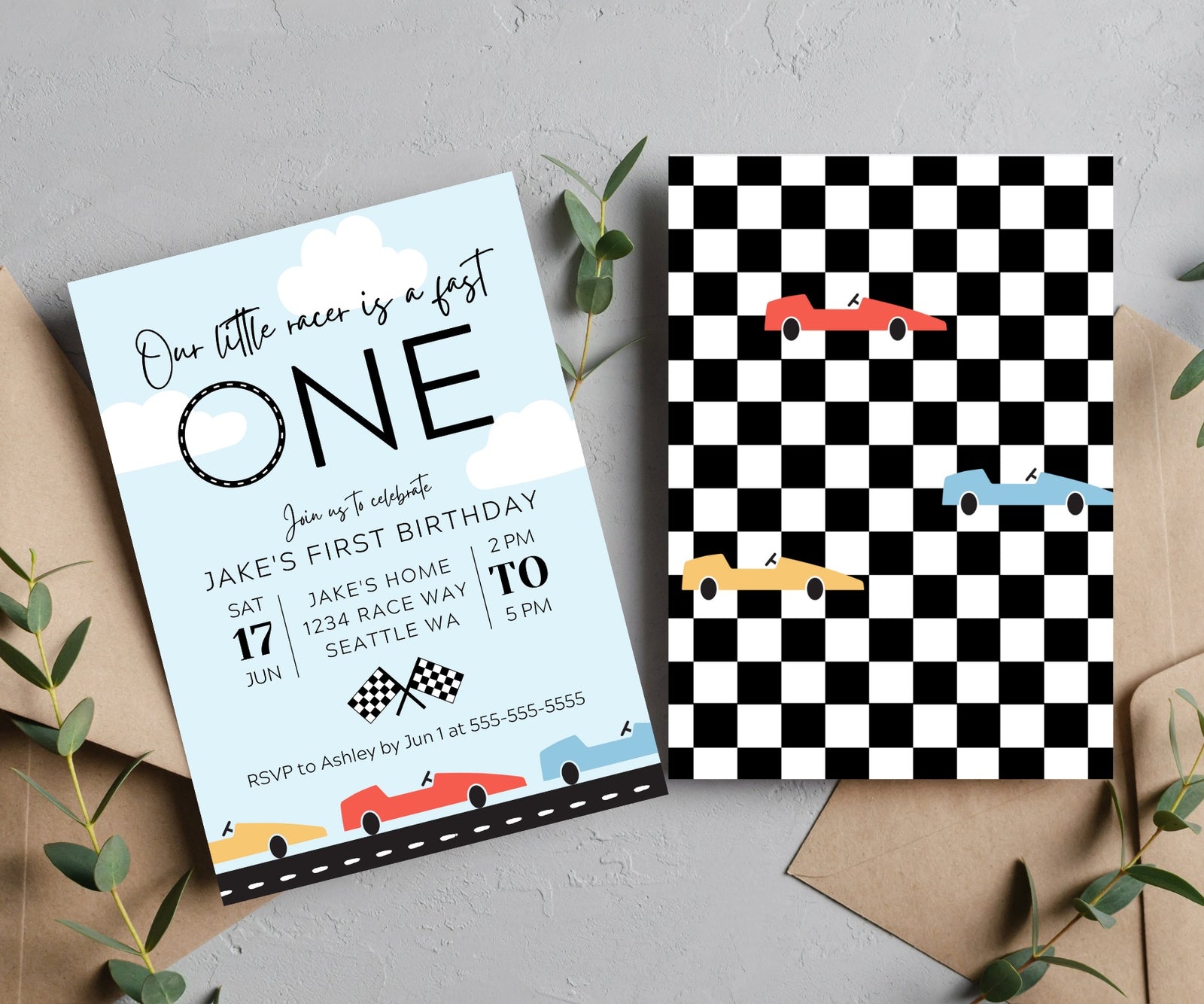 Editable Digital Race Car Fast One 1st Birthday Invitation