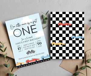 Editable Digital Race Car Fast One 1st Birthday Invitation