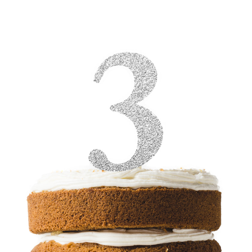 Silver Glitter Number 3 Cake Topper